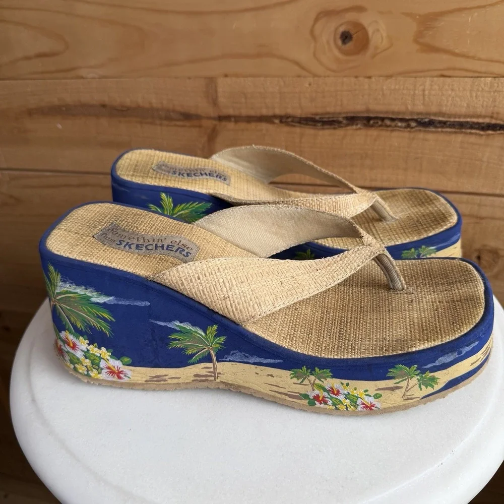 Skechers Somethin Else Wedge Chunky Y2K 90s Raffia Straw‎ Platform Sandals Sz 10